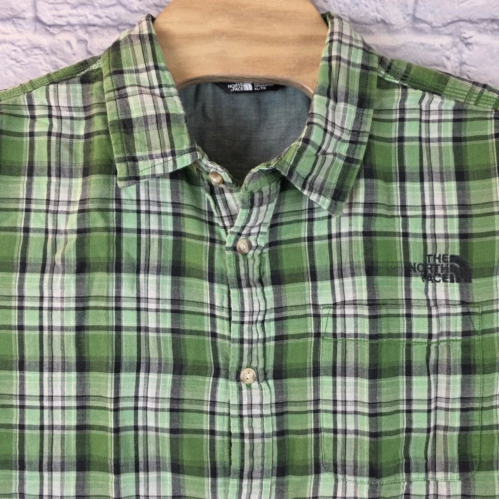 North Face Men Short Sleeve Green Button Plaid Soft Cotton Outdoor Shirt Sz XL‎